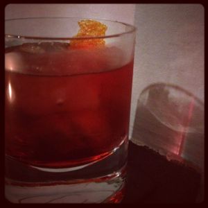 An Instagram of the 1836 cocktail submitted by n0tquitethere that contains Anejo Tequila, Turin Bitters, Sweet Vermouth, Xocolatl Mole Bitters and Orange