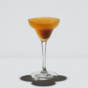 An image of the East India Cocktail cocktail submitted by Toby that contains Brandy, Raspberry Syrup, Angostura Bitters, Curaçao Triple Sec, Maraschino Liqueur and Cocktail Cherry