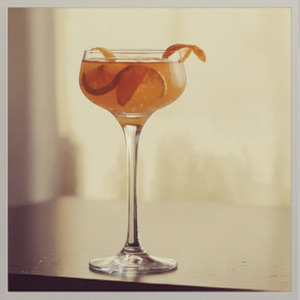 An image of the Fall Back cocktail submitted by Toby that contains Rye Whiskey, Apple Brandy, Amaro Nonino, Sweet Vermouth, Peychauds Bitters and Orange