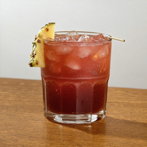 An image of the Jamaica Mule cocktail submitted by Toby that contains White Rum, Dark Rum, Gold Rum, Falernum, Lime, Ginger Beer, Pineapple and Crystallised Ginger