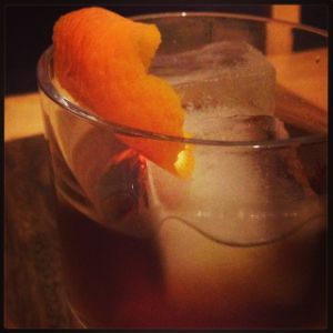 An Instagram of the Ardent Spirit cocktail submitted by n0tquitethere that contains Gold Rum, Cynar, Sweet Vermouth and Orange