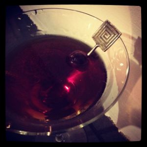 An Instagram of the Black Hawk cocktail submitted by n0tquitethere that contains Rye Whiskey, Sloe Gin and Cocktail Cherry