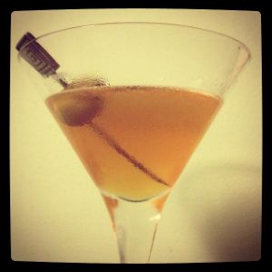 An Instagram of the Blarney Stone cocktail submitted by n0tquitethere that contains Irish Whiskey, Absinthe, Curaçao Triple Sec, Maraschino Liqueur, Angostura Bitters, Orange and Olive