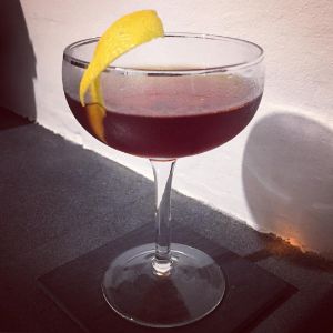 An Instagram of the Blue Collar Cktl cocktail submitted by n0tquitethere that contains Rye Whiskey, Sweet Vermouth, Amaro Ciociaro Liqueur, Maraschino Liqueur, Orange Bitters, Angostura Bitters and Lemon