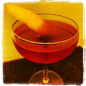 An Instagram of the Broken English cocktail submitted by n0tquitethere that contains London Dry Gin, Sweet Vermouth, Strega, Fernet Branca, Benedictine DOM, Orange Bitters, Peychauds Bitters and Grapefruit