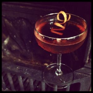 An Instagram of the Catcher in the Rye cocktail submitted by n0tquitethere that contains Rye Whiskey, Amontillado Sherry, Amer Picon, Grand Marnier, Bob's Bitters Abbott's Bitter and Orange