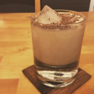 An Instagram of the Cereal Milk White Russian cocktail submitted by n0tquitethere that contains Plain Vodka, Coffee Liqueur, Cereal Milk and Coffee Beans