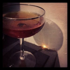 An Instagram of the Chocolate Martica cocktail submitted by n0tquitethere that contains Gold Rum, Cognac, Sweet Vermouth, Maraschino Liqueur and Whiskey Barrel Aged Bitters