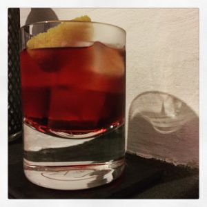 An Instagram of the Chocolate Negroni cocktail submitted by n0tquitethere that contains London Dry Gin, Turin Bitters, Punt e Mes, Crème de Cacao Blanc and Orange