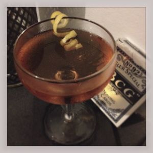 An Instagram of the Classic Martinex cocktail submitted by n0tquitethere that contains London Dry Gin, Sweet Vermouth, Maraschino Liqueur, Orange Bitters and Lemon