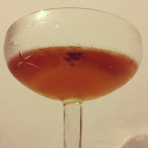 An Instagram of the Crepuscule cocktail submitted by n0tquitethere that contains Cognac, Dry Vermouth, Raspberry Syrup, Orange Bitters and Bob's Bitters Abbott's Bitter