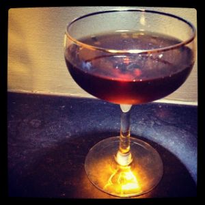 An Instagram of the Crescent cocktail submitted by n0tquitethere that contains Amer Picon, Sweet Vermouth, Bourbon and Raspberry Syrup