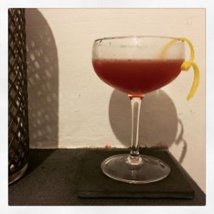 An Instagram of the Crux cocktail submitted by n0tquitethere that contains Cognac, Curaçao Triple Sec, Dubonnet Rouge, Lemon and Lemon