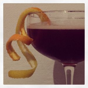 An Instagram of the Dandy cocktail submitted by n0tquitethere that contains Rye Whiskey, Dubonnet Rouge, Angostura Bitters, Curaçao Triple Sec, Lemon and Orange