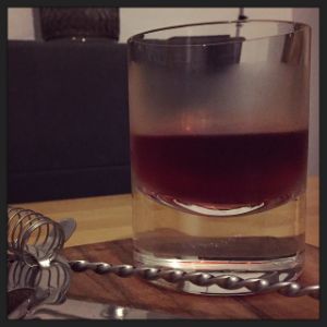 An Instagram of the Dubonnet Tequila cocktail submitted by n0tquitethere that contains Reposado Tequila, Dubonnet Rouge, Drambuie, Xocolatl Mole Bitters and Orange