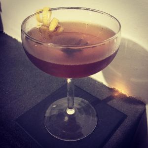 An Instagram of the Dunaway cocktail submitted by n0tquitethere that contains Amontillado Sherry, Cynar, Maraschino Liqueur, Orange Bitters and Lemon