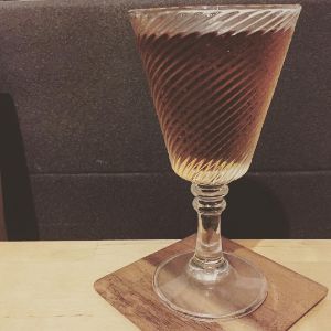 An Instagram of the European Union cocktail submitted by n0tquitethere that contains Old Tom Gin, Sweet Vermouth, Apple Brandy, Strega and The Bitter Truth Jerry Thomas' Own Decanter Bitter