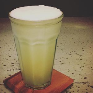 An Instagram of the Fantastic Fizz cocktail submitted by n0tquitethere that contains Apple Brandy, Cachaça, St Germain, Lemon, Egg, Soda Water and Lemon