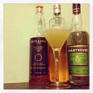 An Instagram of the Final Voyage cocktail submitted by n0tquitethere that contains Smith & Cross, Green Chartreuse, Apricot Brandy and Lime