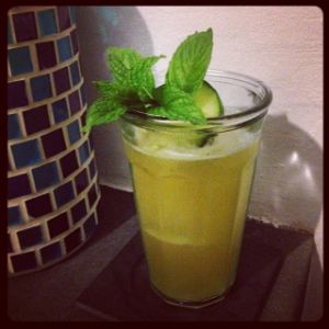 An Instagram of the French Maid cocktail submitted by n0tquitethere that contains Cognac, Ginger Beer, Lime, Simple Syrup, Falernum, Cucumber, Mint and Mint