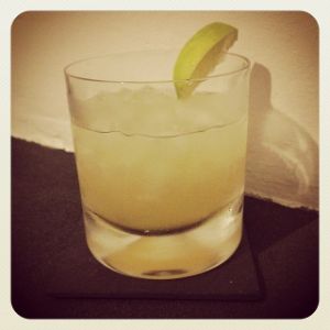 An Instagram of the Golden Monarch cocktail submitted by n0tquitethere that contains Reposado Tequila, Ginger Liqueur, Passion Fruit Syrup, Lime, Allspice Dram and Lime