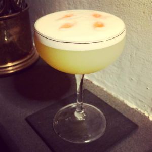 An Instagram of the Gonzo Pisco Sour cocktail submitted by n0tquitethere that contains Pisco, Gose, Simple Syrup, Egg and Angostura Bitters