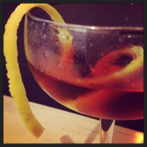 An Instagram of the Grand Street cocktail submitted by n0tquitethere that contains London Dry Gin, Punt e Mes, Maraschino Liqueur, Cynar and Grapefruit