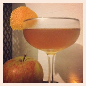 An Instagram of the Harvest Moon cocktail submitted by n0tquitethere that contains Rye Whiskey, Lillet Blanc, Apple Brandy, Green Chartreuse, Bob's Bitters Abbott's Bitter and Orange