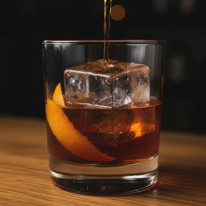 An image of the Heavy Artillery cocktail submitted by Toby that contains Rye Whiskey, Smith & Cross, Green Chartreuse, Sweet Vermouth, Cinnamon Syrup, Demerara Syrup, Whiskey Barrel Aged Bitters and Orange