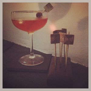 An Instagram of the Horsecar cocktail submitted by n0tquitethere that contains Rye Whiskey, Dry Vermouth, Sweet Vermouth, Orange Bitters and Cocktail Cherry