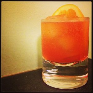 An Instagram of the Il Sorpasso cocktail submitted by n0tquitethere that contains Aperol, Bourbon, Honey, Lemon, Caster Sugar, Soda Water and Orange