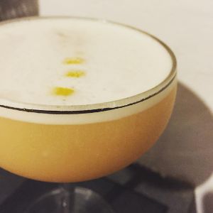 An Instagram of the Jitterbug Sour cocktail submitted by n0tquitethere that contains Rye Whiskey, Benedictine DOM, Lemon, Honey Syrup, Egg, Angostura Bitters and Lemon