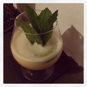 An Instagram of the Kentucky Island cocktail submitted by n0tquitethere that contains Rye Whiskey, Pineapple Juice, Orgeat Syrup, Lemon, Peach Bitters, Lime and Mint