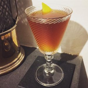 An Instagram of the Lindsey's Whimsy cocktail submitted by n0tquitethere that contains Olorosso Sherry, Dry Vermouth, Amaro Montenegro, Benedictine DOM, Allspice Dram, Angostura Bitters and Lemon