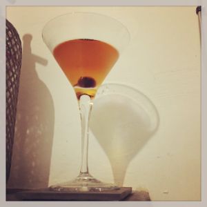 An Instagram of the Luna de Cosecha cocktail submitted by n0tquitethere that contains Anejo Tequila, Sweet Vermouth, Cynar, Crème de Cacao Blanc and Cocktail Cherry