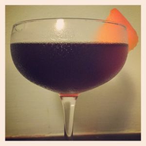 An Instagram of the Nerina Jones cocktail submitted by n0tquitethere that contains London Dry Gin, Punt e Mes, Amaro Meletti, Orange Bitters and Orange