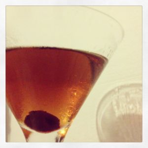 An Instagram of the Nick's Own cocktail submitted by n0tquitethere that contains Brandy, Sweet Vermouth, Angostura Bitters, Absinthe, Lemon and Cocktail Cherry