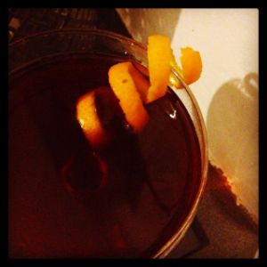 An Instagram of the Not The First Cyn cocktail submitted by n0tquitethere that contains Bourbon, Cynar, Cherry Brandy, Rhubarb Bitters and Orange