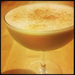 An Instagram of the Old York Flip cocktail submitted by n0tquitethere that contains Rye Whiskey, Crème de Cacao Blanc, Fernet Branca, Cream, Egg and Nutmeg