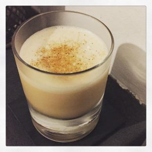 An Instagram of the #osmc cocktail submitted by n0tquitethere that contains Mezcal, Cherry Brandy, Crème de Cacao Blanc, Xocolatl Mole Bitters, Egg and Nutmeg