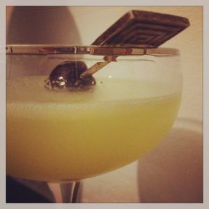 An Instagram of the Pete's Word cocktail submitted by n0tquitethere that contains Single Malt Scotch, Green Chartreuse, Lime, Maraschino Liqueur and Cocktail Cherry