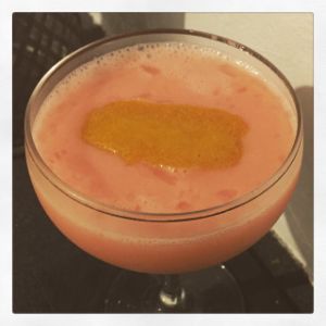 An Instagram of the Petticoat Junction cocktail submitted by n0tquitethere that contains London Dry Gin, Aperol, Lemon, Orgeat Syrup, Grapefruit Bitters, Cherry Bitters and Lemon