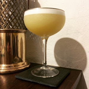 An image of the Pink Lady cocktail submitted by Toby that contains London Dry Gin, Lemon, Applejack, Simple Syrup, Grenadine and Egg