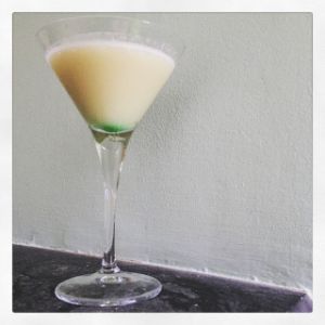 An Instagram of the Platinum Blonde cocktail submitted by n0tquitethere that contains Pineapple Juice, Apple Brandy, Orgeat Syrup and Crème de Menthe