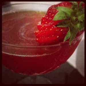 An Instagram of the Resting Point cocktail submitted by n0tquitethere that contains Reposado Tequila, Yellow Chartreuse, Punt e Mes, Lemon, Agave Syrup and Strawberries