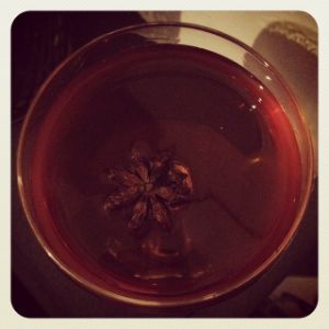 An Instagram of the Reveillon Cocktail cocktail submitted by n0tquitethere that contains Apple Brandy, Pear Brandy, Allspice Dram, Dubonnet Rouge, Angostura Bitters and Star Anise