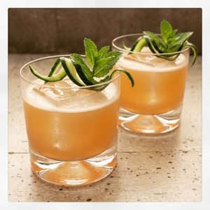 An image of the Slap 'n' Pickle cocktail submitted by Toby that contains Cucumber, Aquavit, Lime, Simple Syrup, Grenadine and Celery Bitters