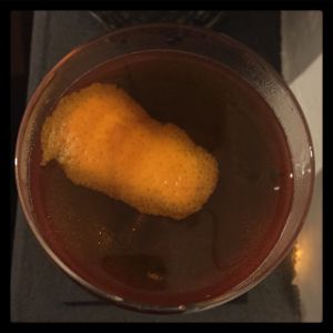 An Instagram of the The Smoking Gun cocktail submitted by n0tquitethere that contains Amaro Ciociaro Liqueur, Rye Whiskey, Lapsong Souchang Syrup, Xocolatl Mole Bitters, Angostura Bitters and Orange