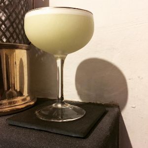 An Instagram of the Spanish Monk cocktail submitted by n0tquitethere that contains London Dry Gin, Green Chartreuse, Lemon, Simple Syrup and Egg