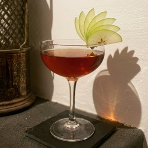 An image of the Sweet and Vicious cocktail submitted by Toby that contains Apple, Rye Whiskey, Dry Vermouth, Amaro Nonino, Maple Syrup and Apple